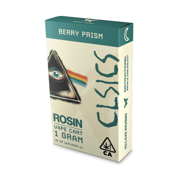 A photograph of CLSICS Live Rosin Cartridge 1g Indica Berry Prism