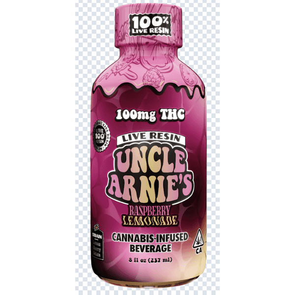 A photograph of Uncle Arnie's Beverage 8oz 100% Live Resin Raspberry Lemonade 100mg