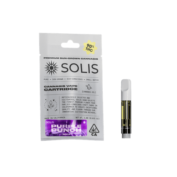 A photograph of Solis Cartridge 1g Indica Purple Punch