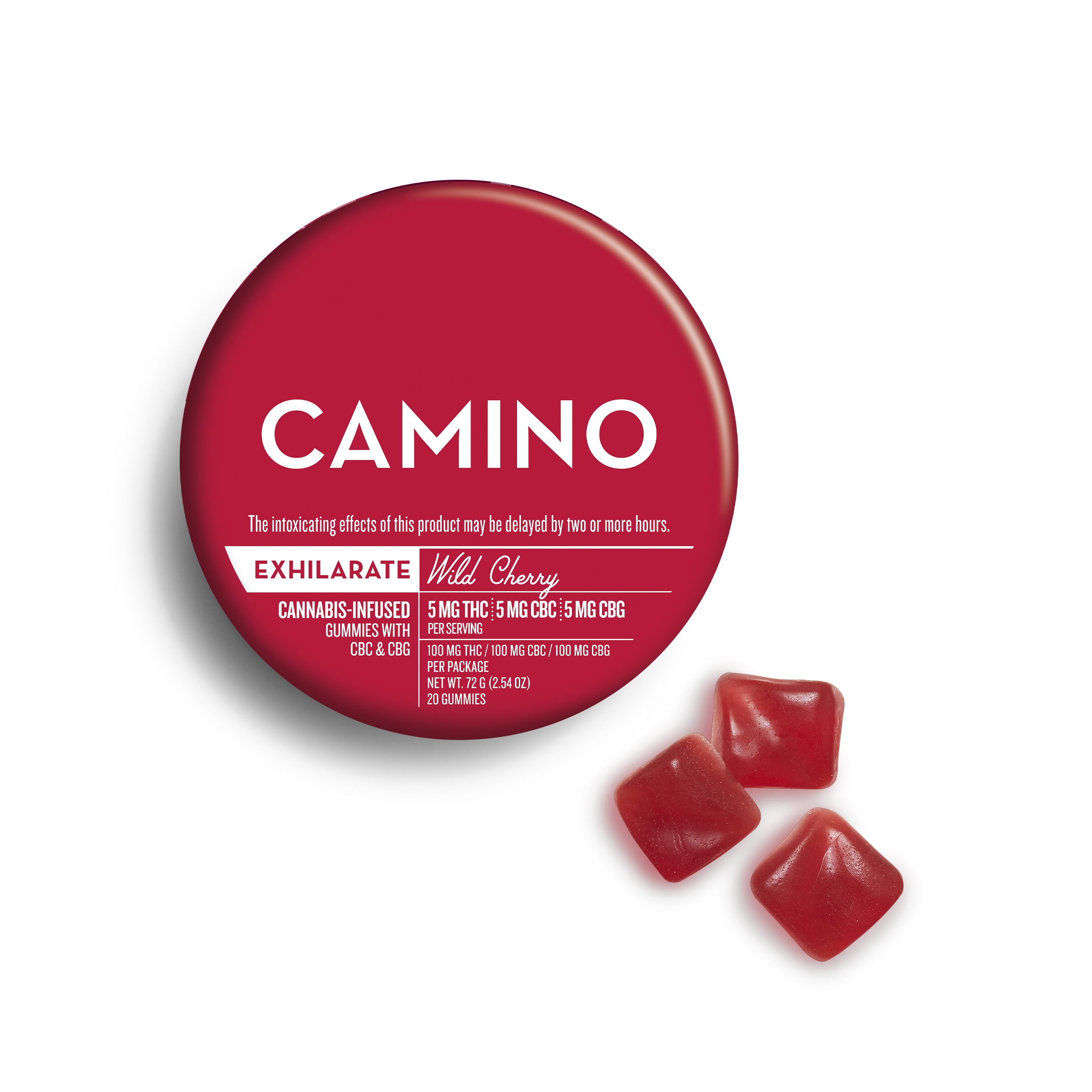 A photograph of Camino Gummies Wild Cherry CBC CBG 5:5:5