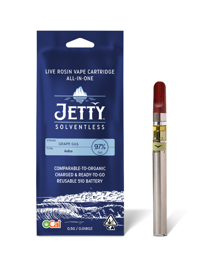 A photograph of Jetty Cartridge OCAL .5g Solventless Grape Gas All in One