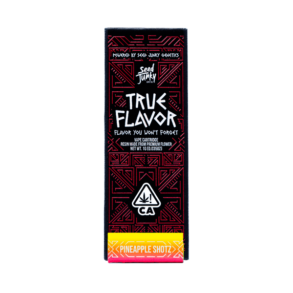 A photograph of Seed Junky True Flavor Cartridge 1g Sativa Pineapple Shotz