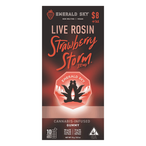 A photograph of Emerald Sky Rosin Gummies 1ct 100mg Hybrid Strawberry Storm 48pk