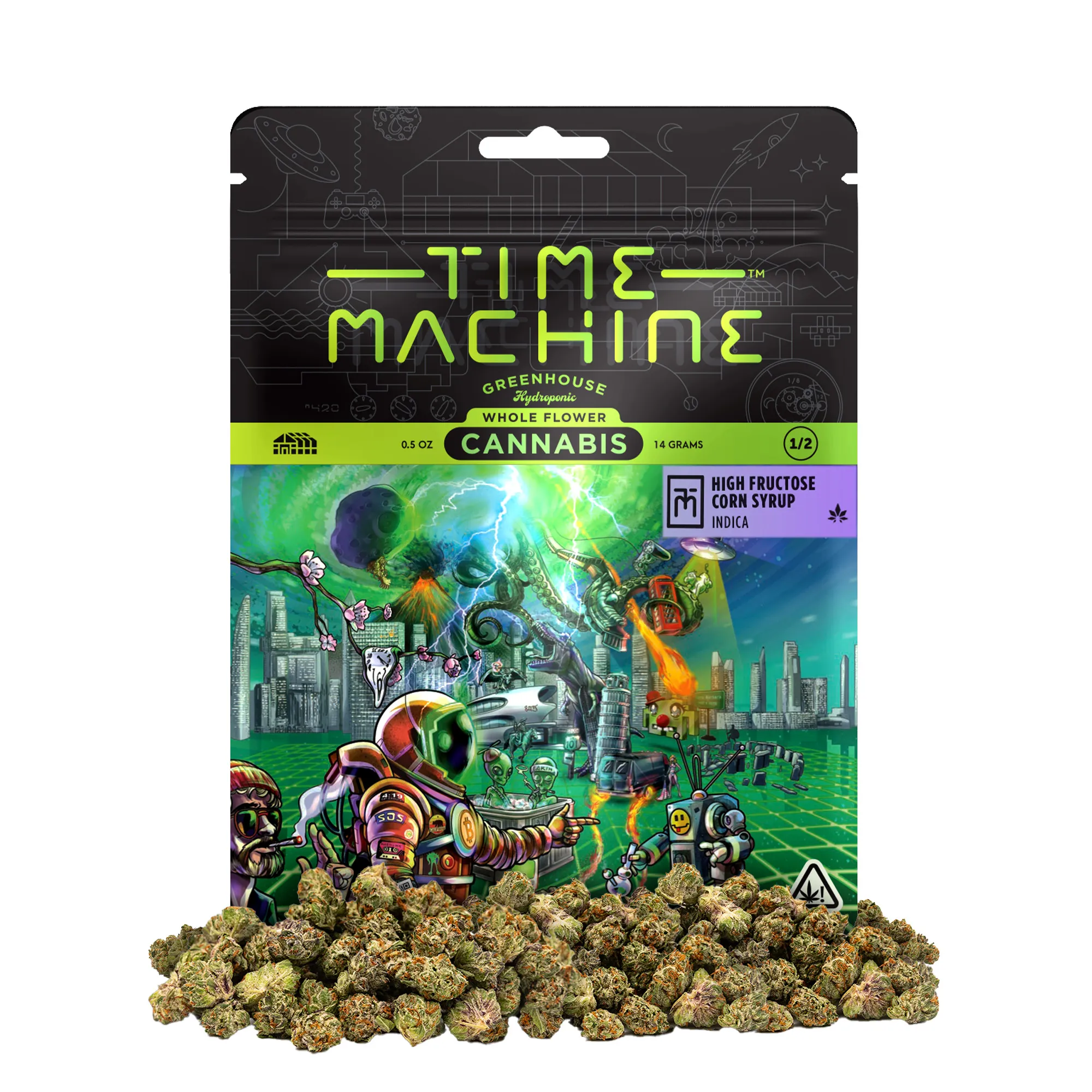 A photograph of Time Machine Flower 14g Indica High Fructose Corn Syrup 8ct