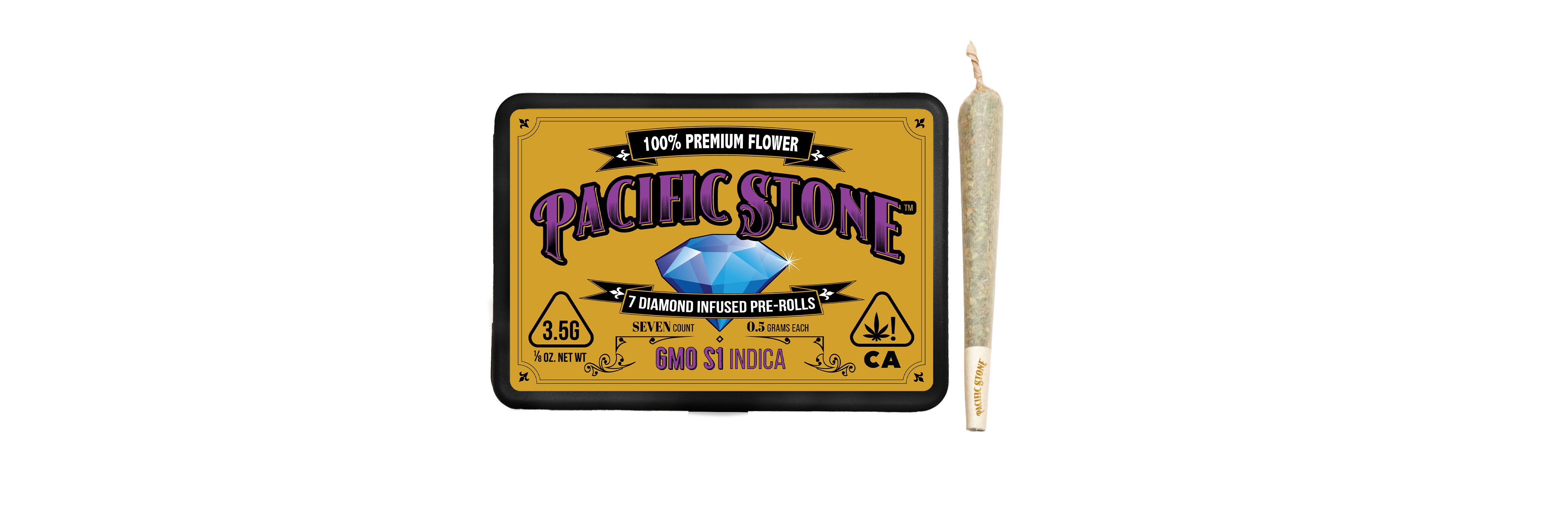 A photograph of Pacific Stone Diamond Infused Prerolls 0.5g Indica GMO 7-Pack 3.5g