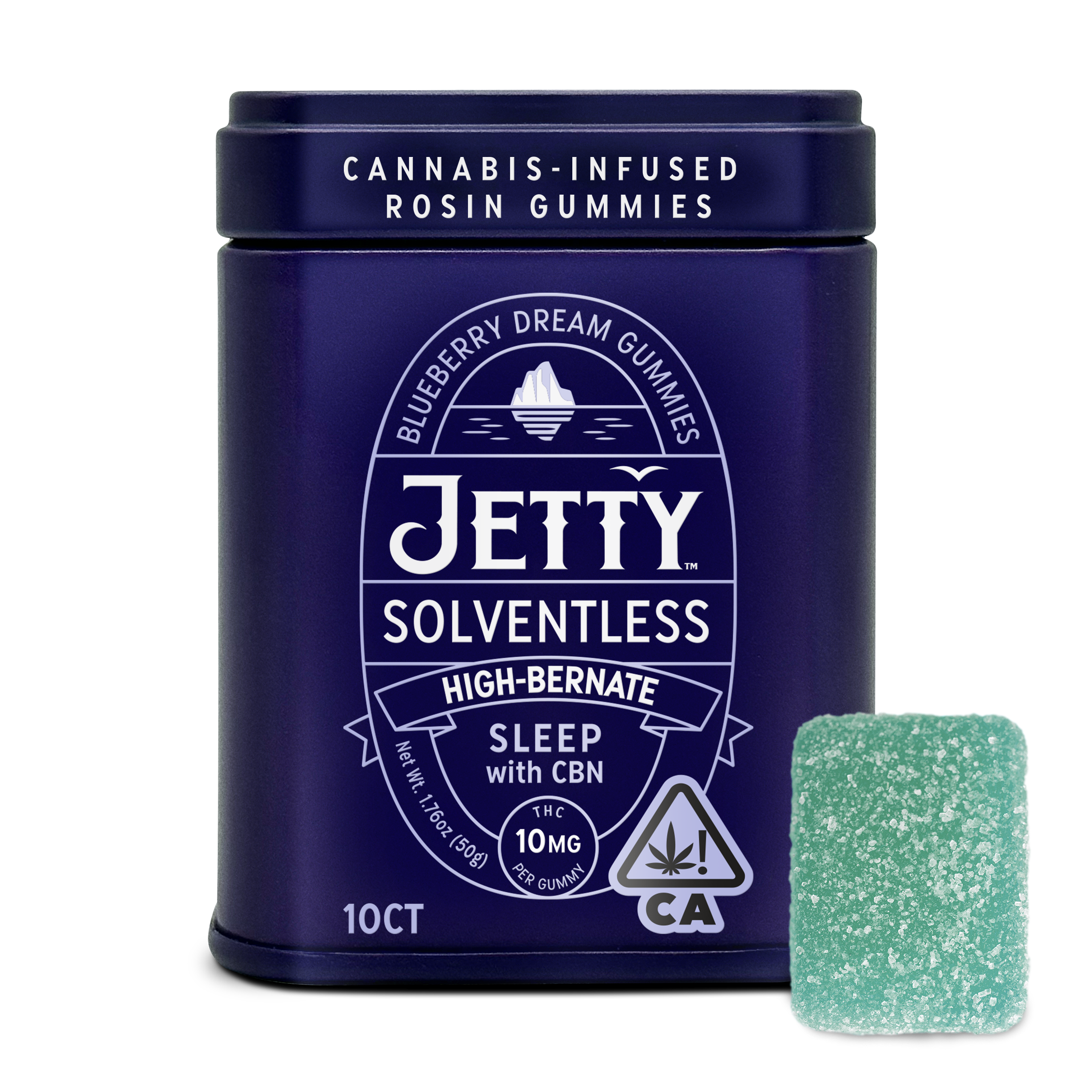 A photograph of Jetty Solventless Rosin Gummies 5:1 - 20mg CBN Blueberry Dream, 10ct, 100mg THC