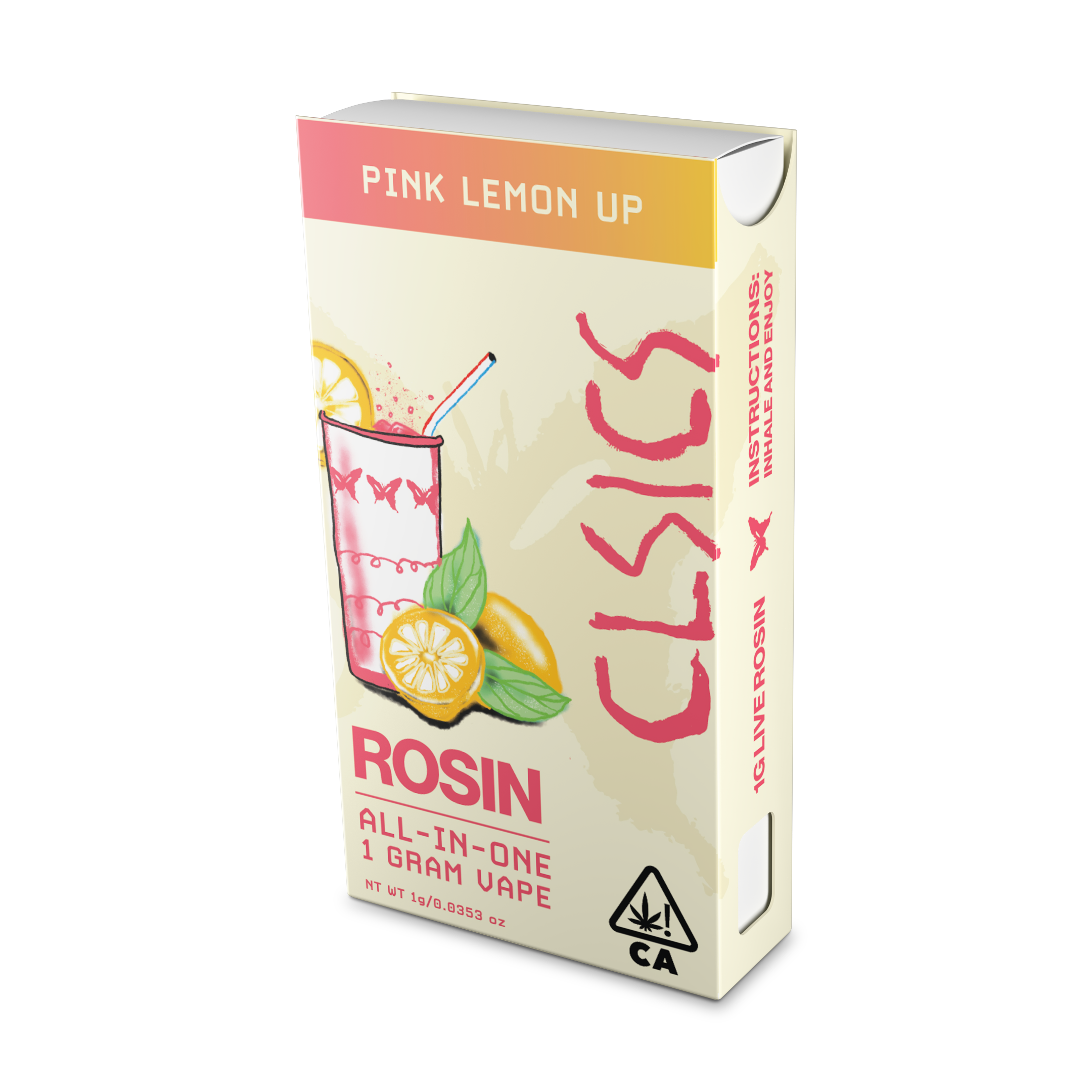 A photograph of CLSICS Live Rosin All-In-One Cartridge 1g Hybrid Pink Lemon Up