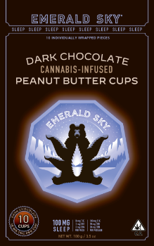 A photograph of Emerald Sky Peanut Butter Cups 10ct 100mg THC/CBD/CBN Sleep Dark Chocolate
