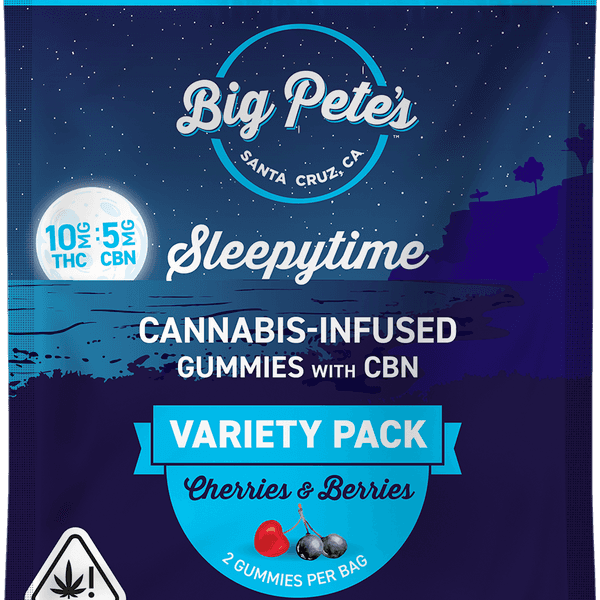 A photograph of Big Pete's Gummies Sleepytime Fast-Acting Indica Cherries & Berries 2:1 2pk