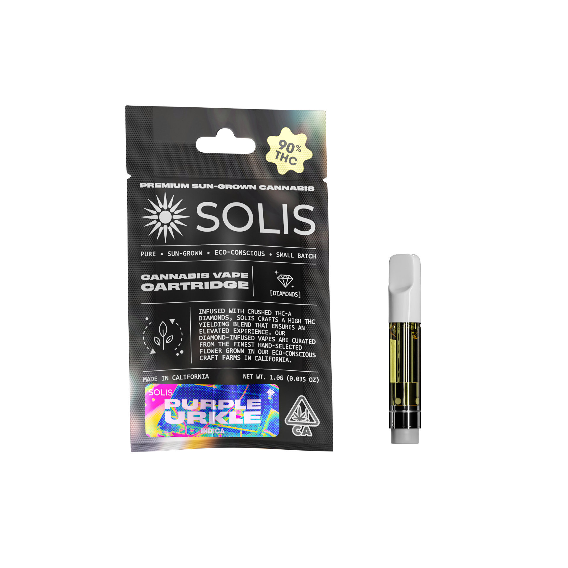 A photograph of Solis Diamond Enhanced Cartridge 1g Indica Purple Urkle