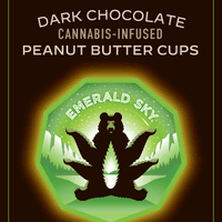 A photograph of Emerald Sky Peanut Butter Cups 10ct 100mg Hybrid Dark Chocolate