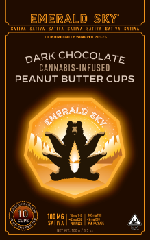 A photograph of Emerald Sky Peanut Butter Cups 10ct 100mg Sativa Dark Chocolate