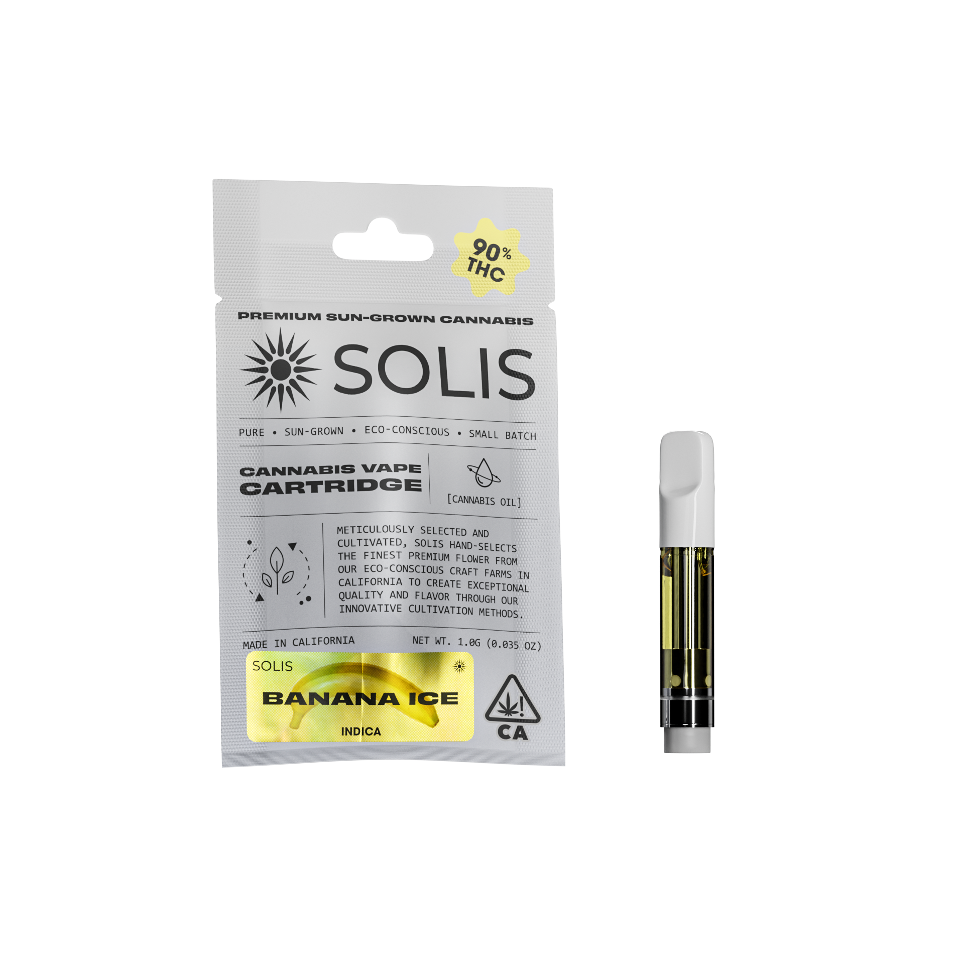 A photograph of Solis Cartridge 1g Indica Banana Ice