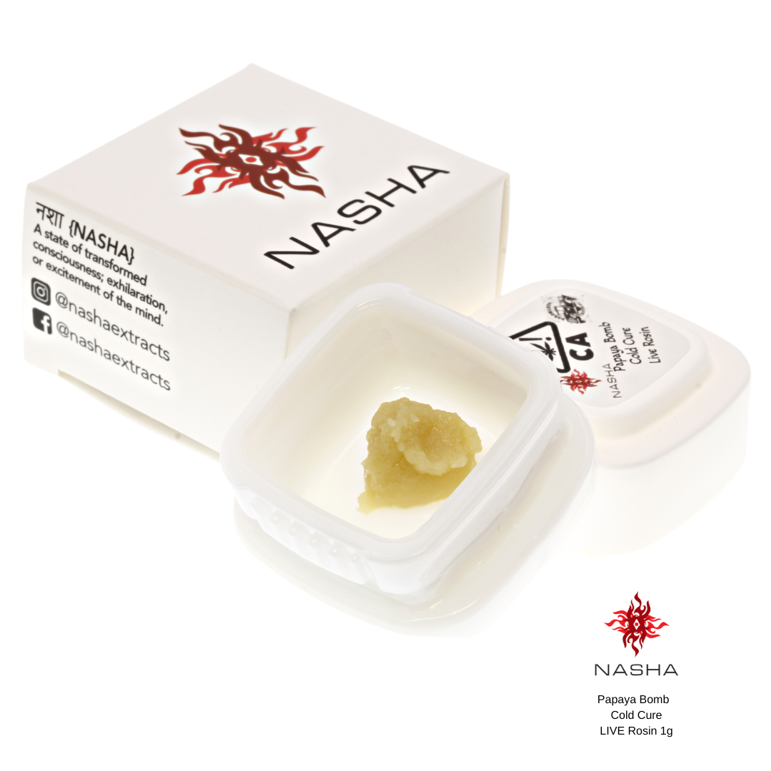 A photograph of Nasha Cold Cure Live Rosin 1g Papaya Bomb