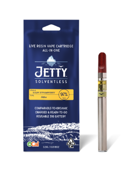 A photograph of Jetty Cartridge OCAL .5g Solventless Sour Strawberry All in One
