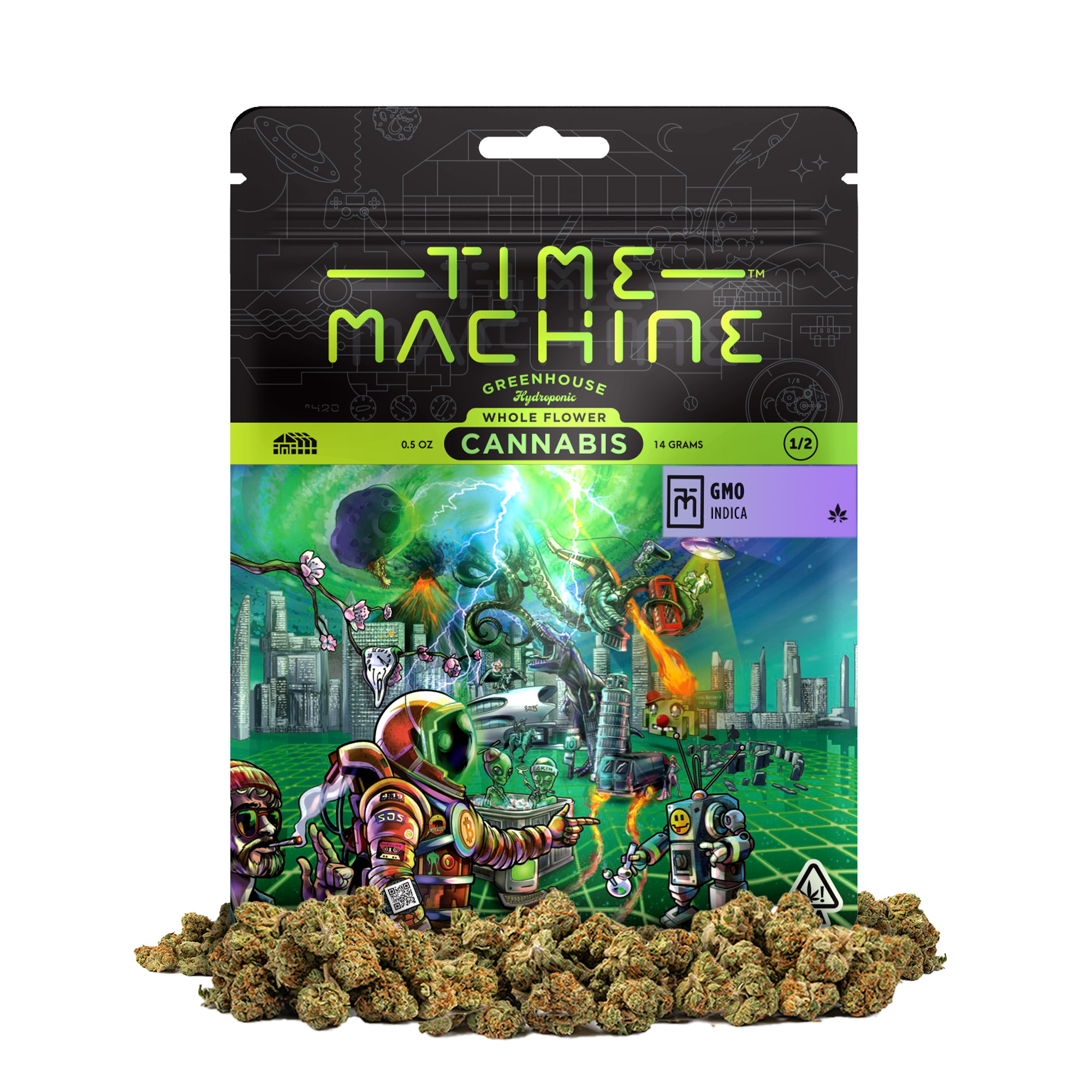 A photograph of Time Machine Flower 14g Indica GMO 8ct