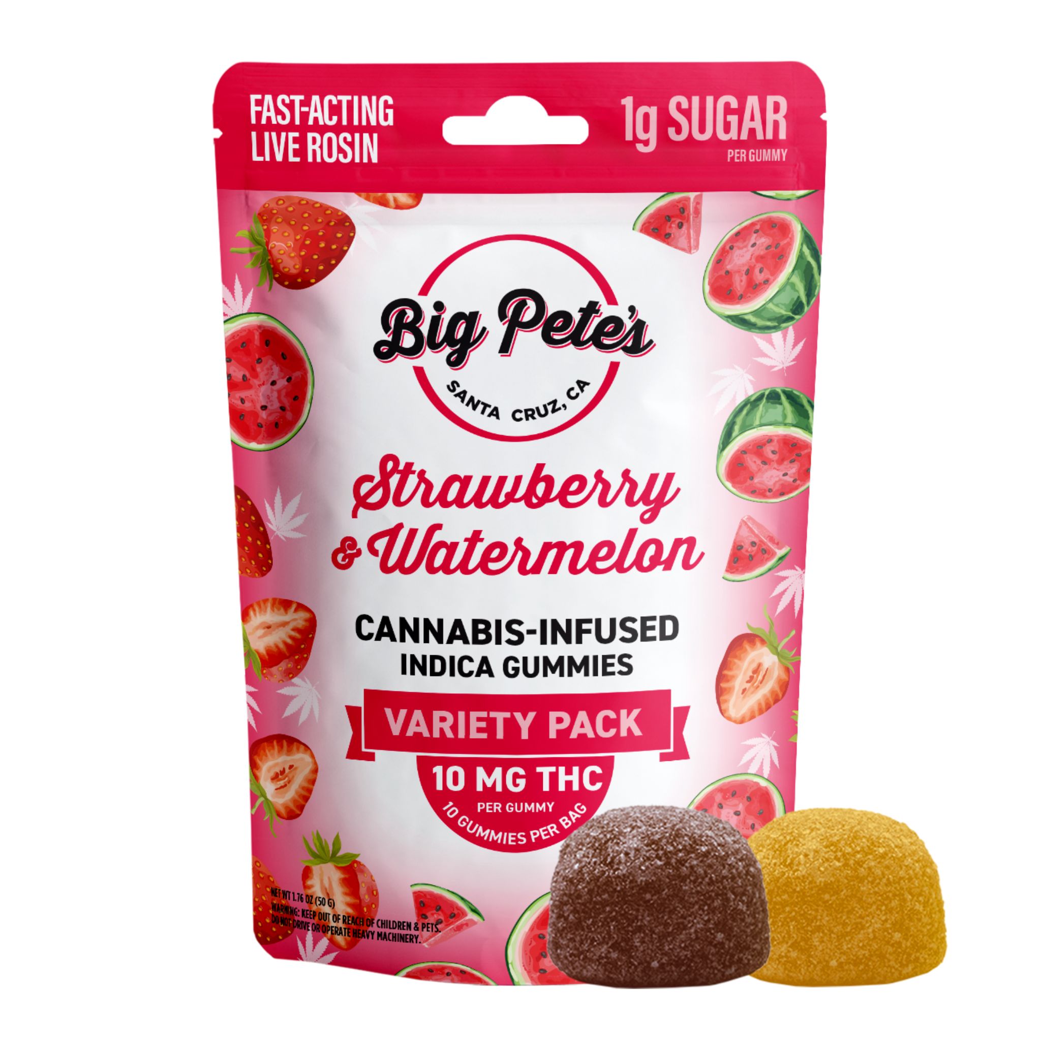 A photograph of Big Pete's Gummies Rosin Fast-Acting Indica Strawberry & Watermelon 100mg 10pk