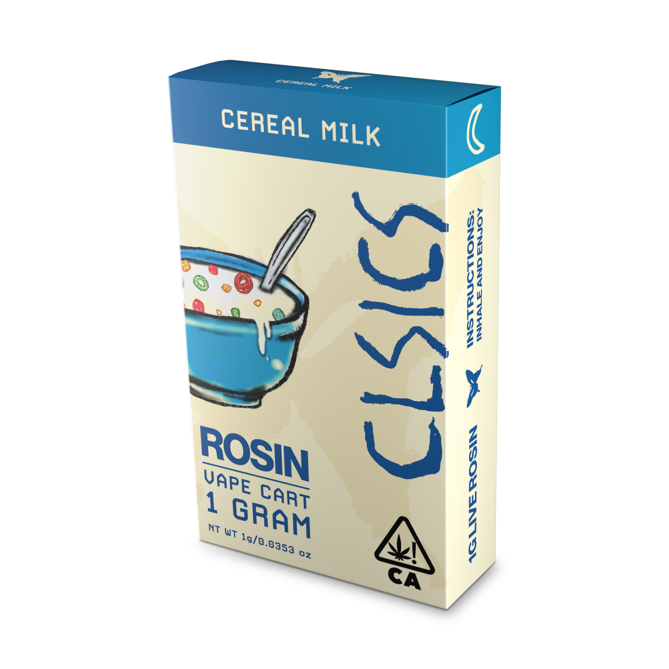 A photograph of CLSICS Live Rosin Cartridge 1g Indica Cereal Milk