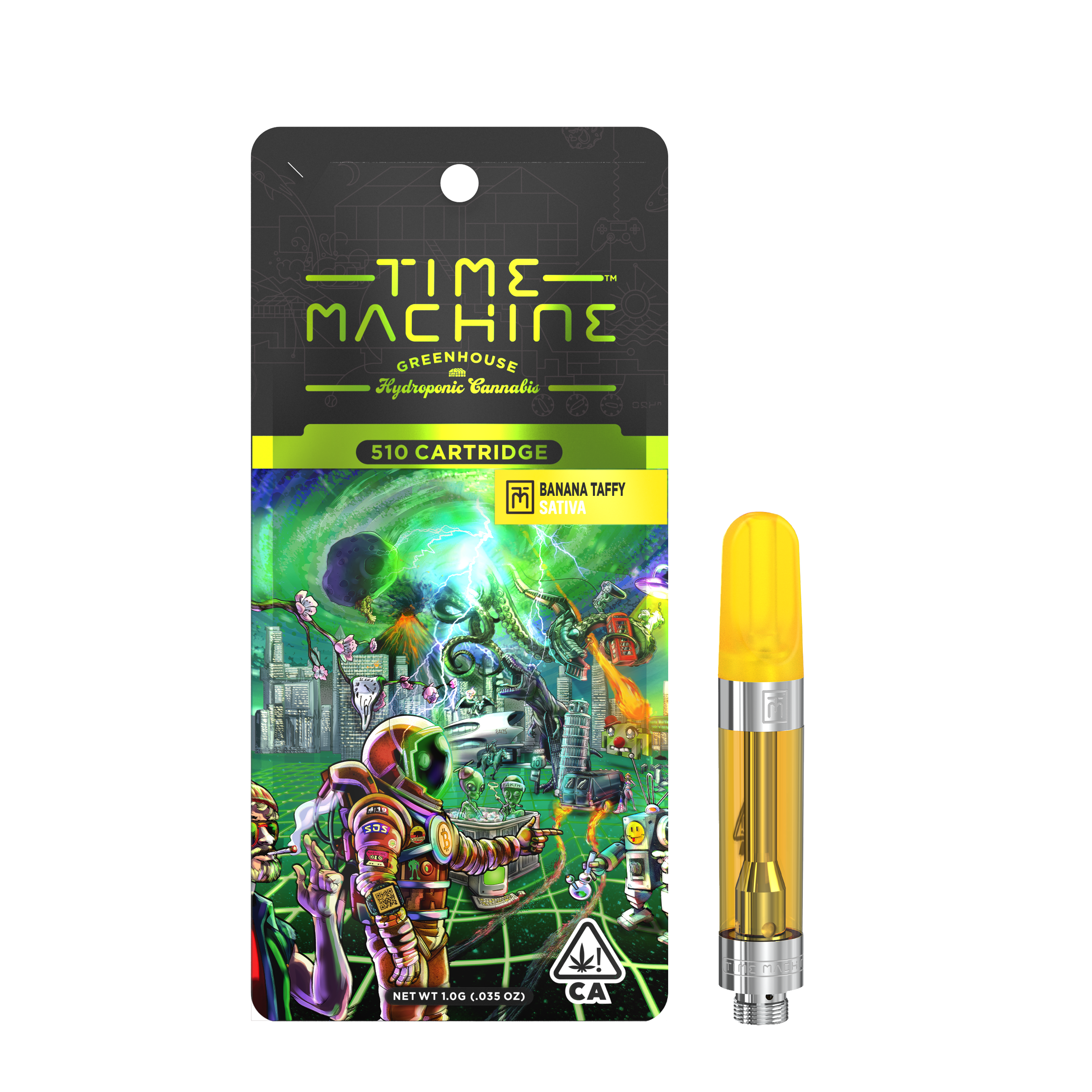 A photograph of Time Machine Cartridge 1g Sativa Banana Taffy