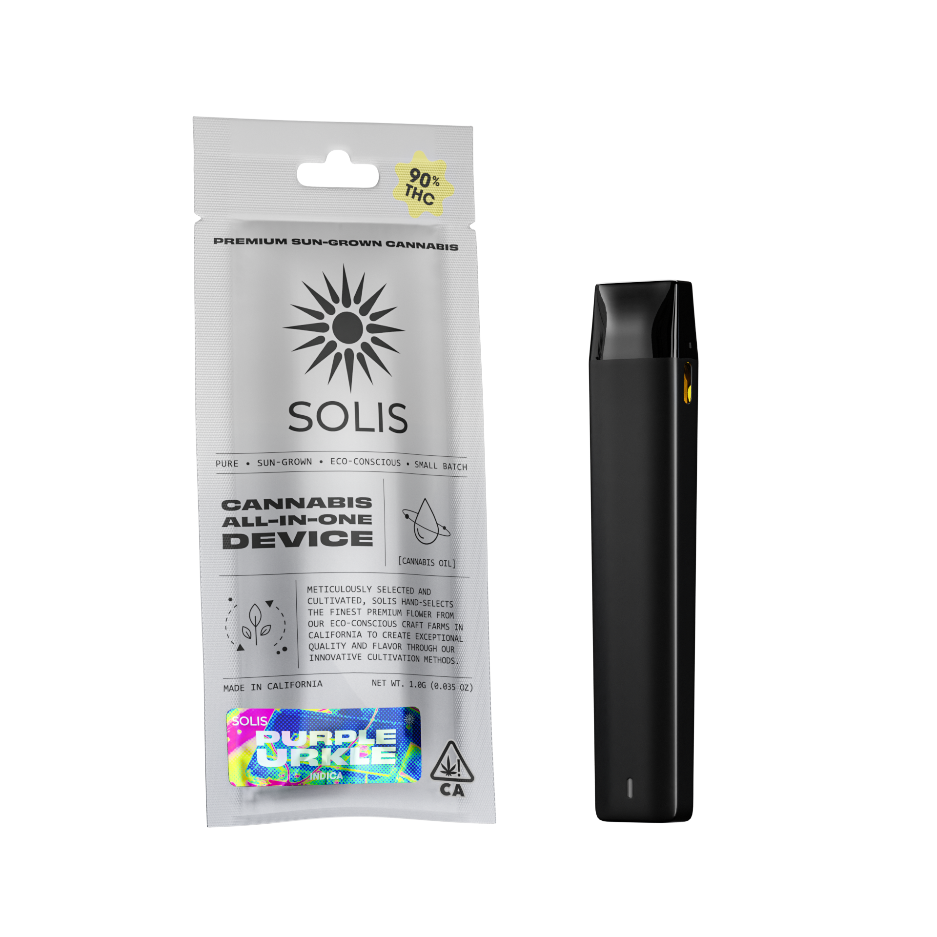 A photograph of Solis All-In-One Vape 1g Indica Purple Urkle