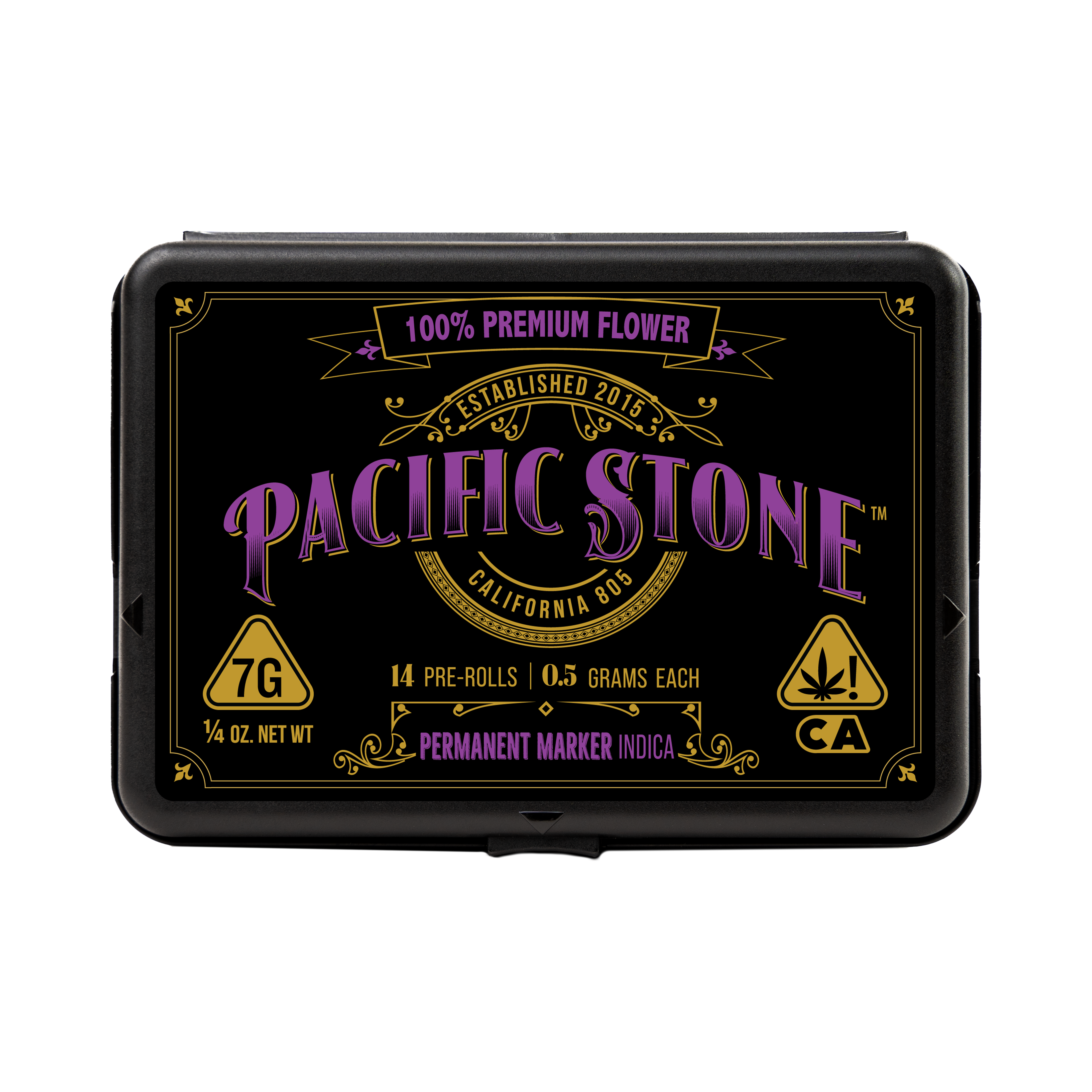 A photograph of Pacific Stone Preroll 0.5g Indica Permanent Marker 14-Pack 7.0g