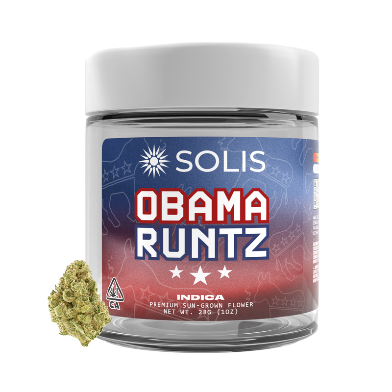 A photograph of Solis Flower 28g Indica Obama Runtz