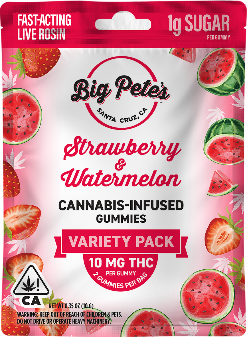 A photograph of Big Pete's Gummies Rosin Fast-Acting Indica Strawberry & Watermelon 20mg 2pk