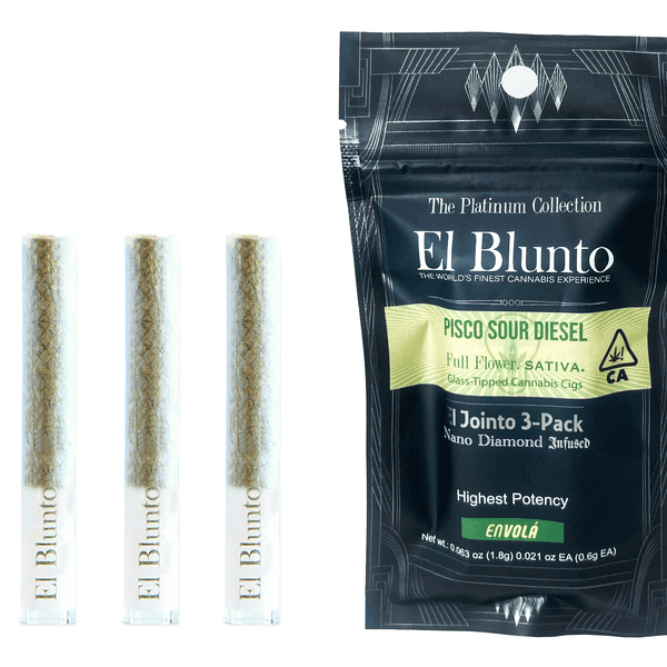 A photograph of El Blunto Diamond Jointo x Envola .6g Sativa Pisco Sour Diesel 3pk 1.8g 16ct