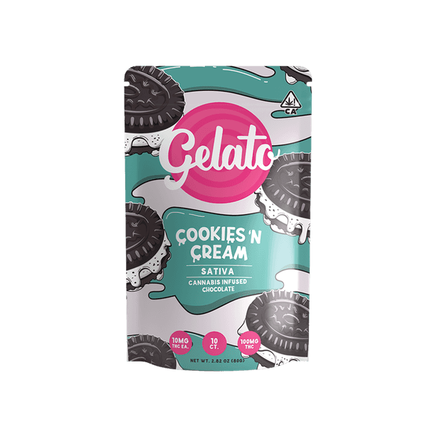 A photograph of Gelato Chocolate Bar 100mg Sativa Cookies N Cream 10pc