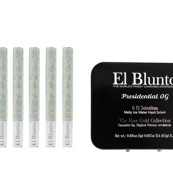 A photograph of El Blunto Hash Jointito .5g Hybrid Presdential OG 6pk 3g 16ct