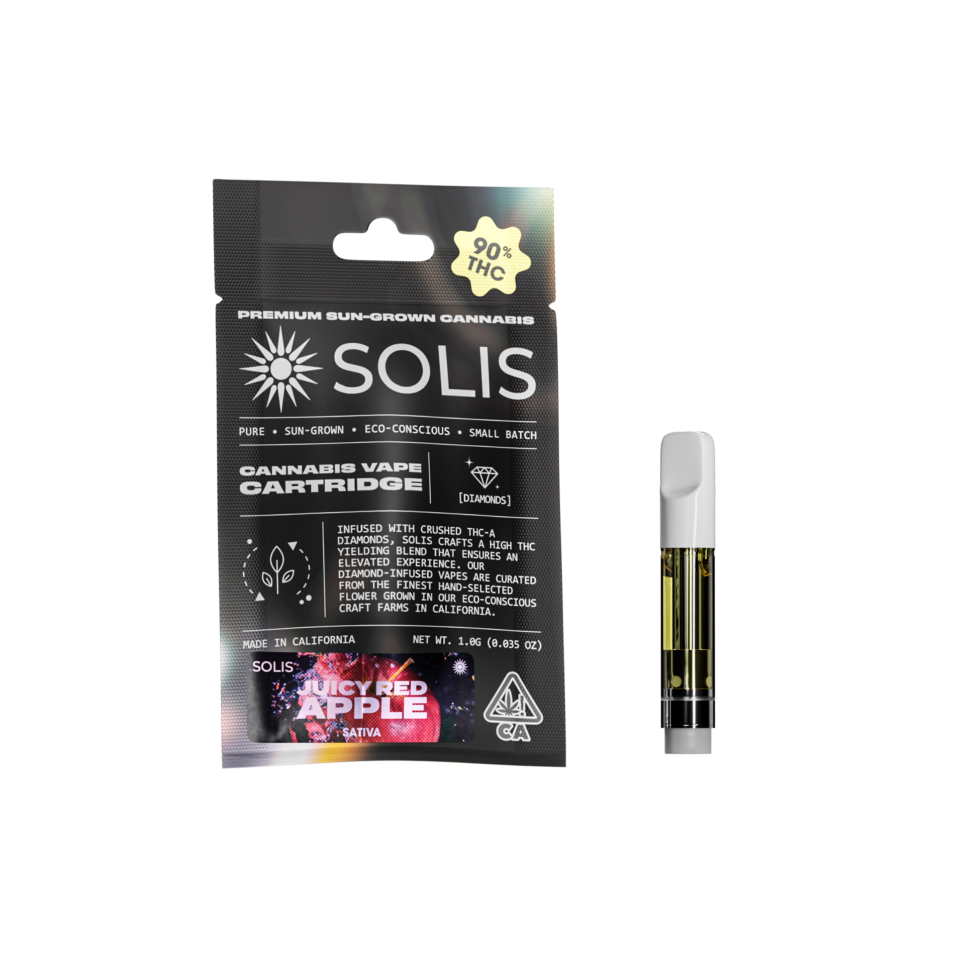 A photograph of Solis Diamond Enhanced Cartridge 1g Sativa Juicy Red Apple