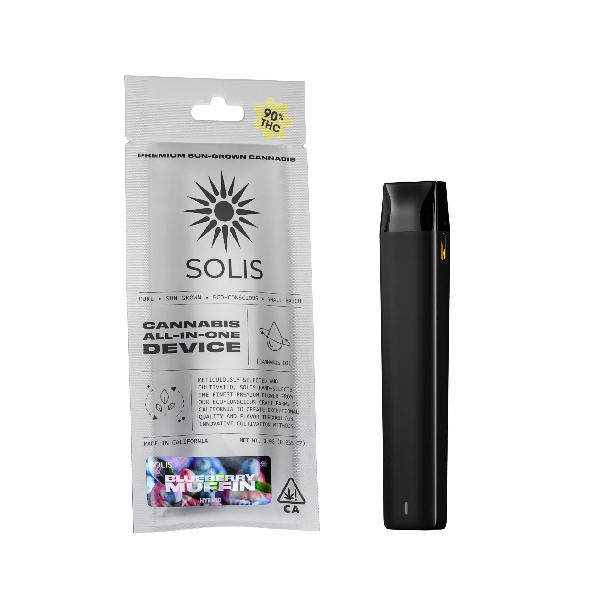 A photograph of Solis All-In-One Vape 1g Hybrid Blueberry Muffin