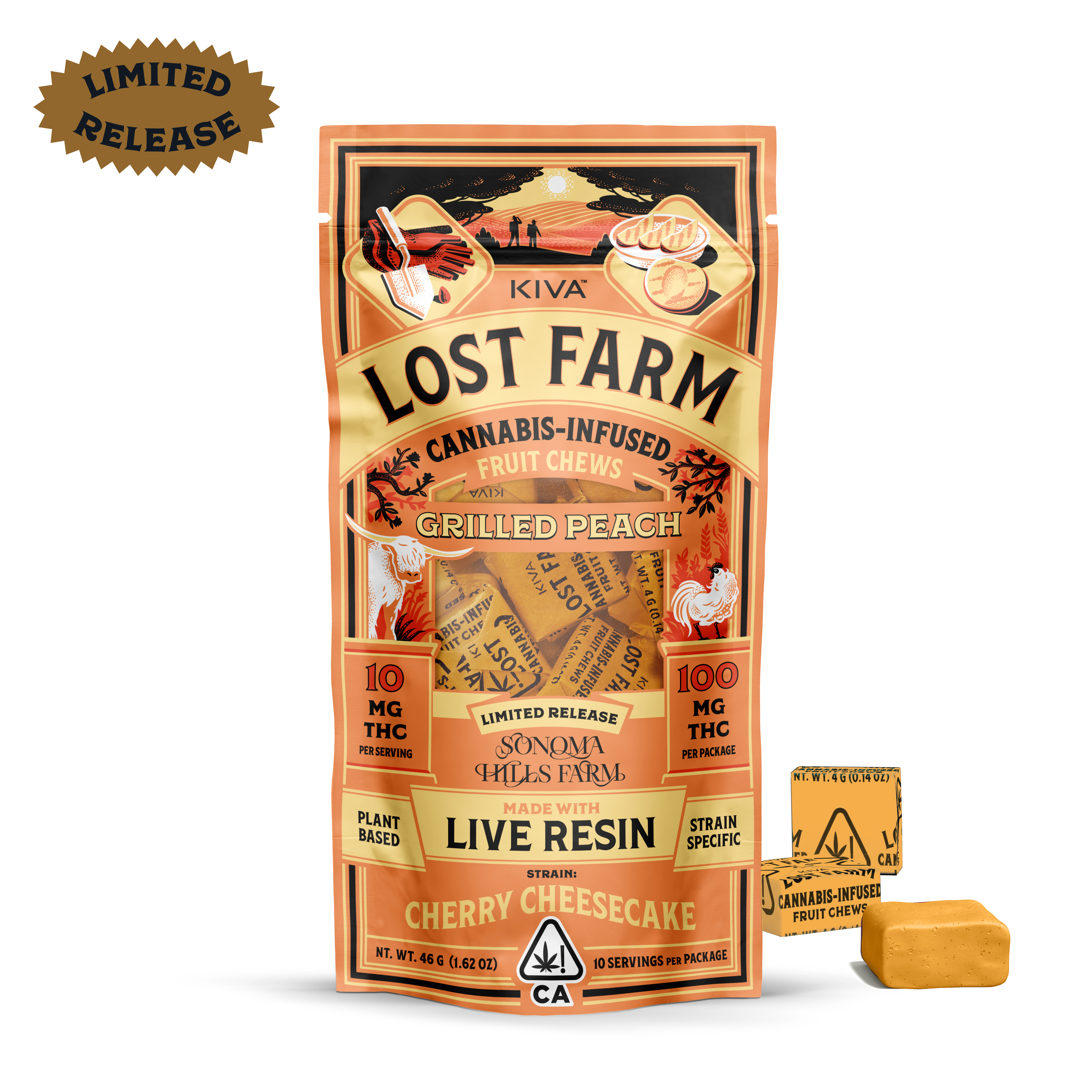 A photograph of Lost Farm Chews Grilled Peach Cherry Cheesecake