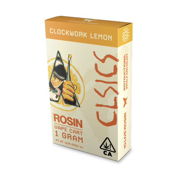 A photograph of CLSICS Live Rosin Cartridge 1g Sativa Clockwork Lemon