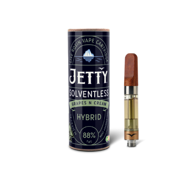 A photograph of Jetty Cartridge OCAL 1g Solventless Grapes N Cream