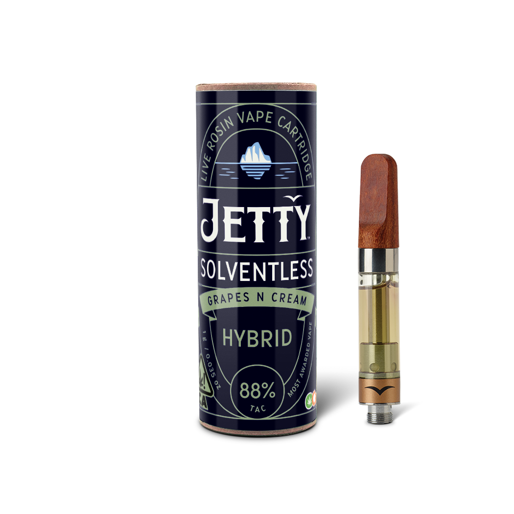 A photograph of Jetty Cartridge OCAL 1g Solventless Grapes N Cream