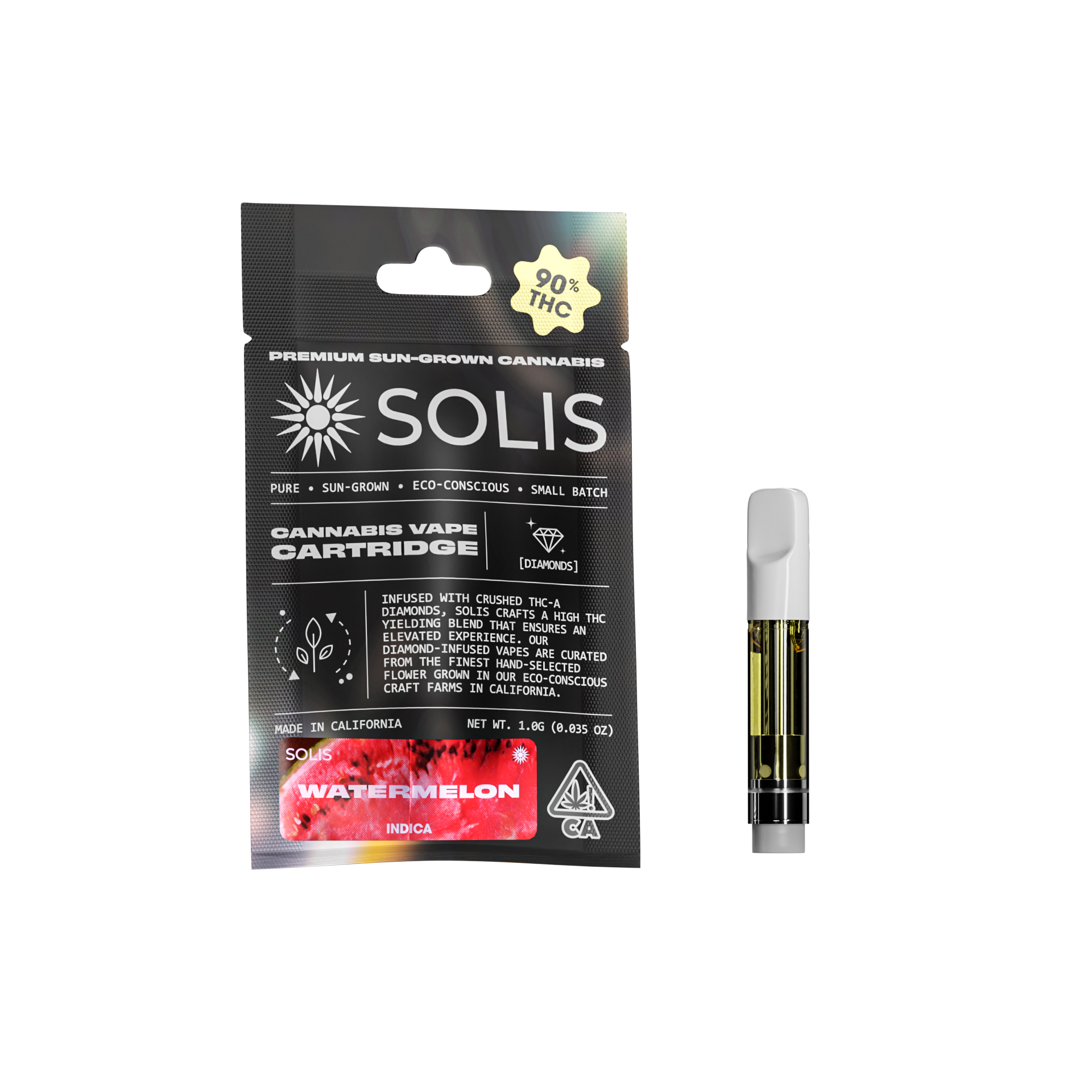 A photograph of Solis Diamond Enhanced Cartridge 1g Indica Watermelon