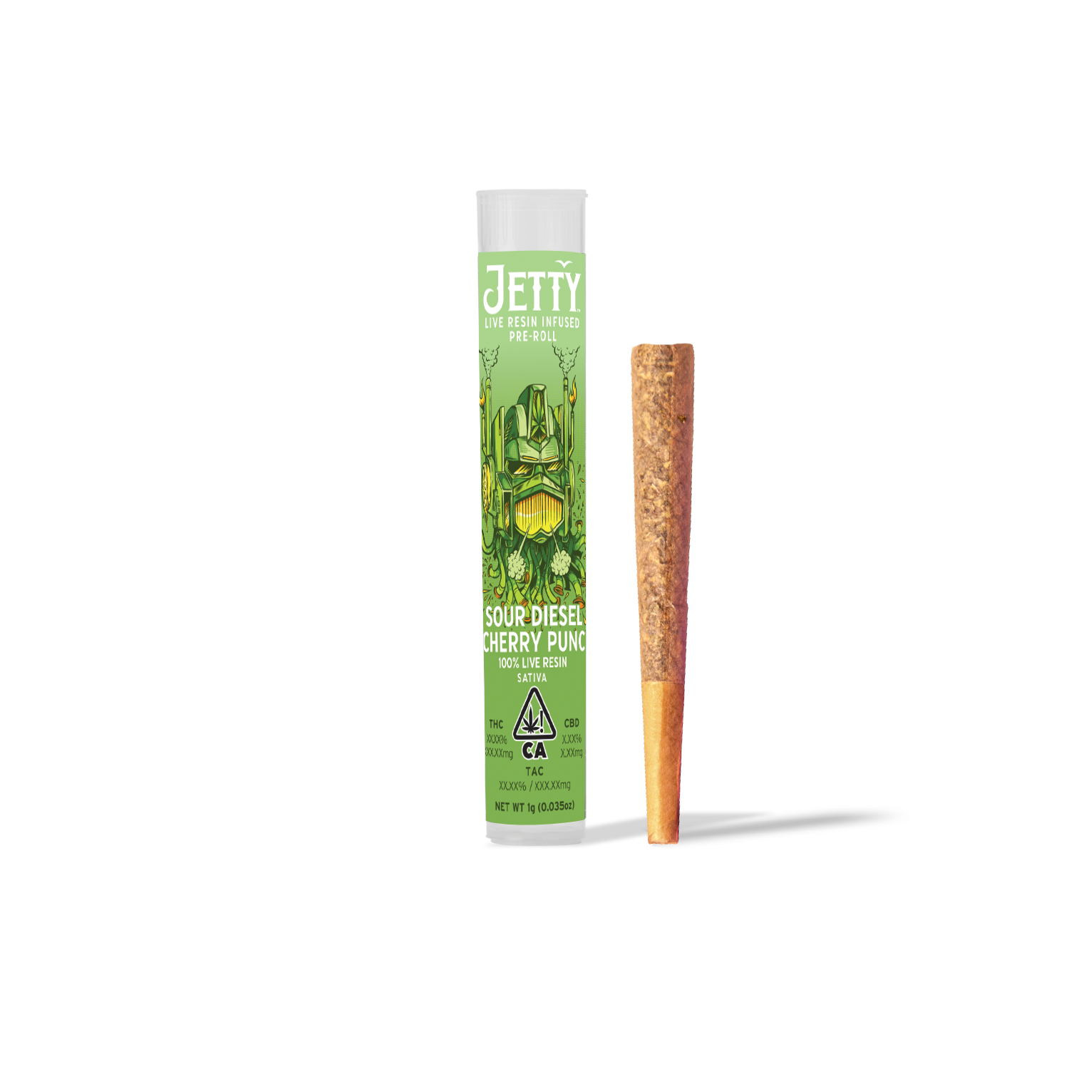 A photograph of Jetty 1g Live Resin Preroll Sour Diesel x Cherry Punch