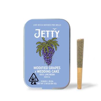 A photograph of Jetty Live Resin Preroll Modified Grapes x Wedding Cake 5pk