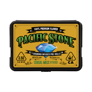 A photograph of Pacific Stone Diamond Infused Prerolls 0.5g Hybrid Cereal Milk 7-Pack 3.5g