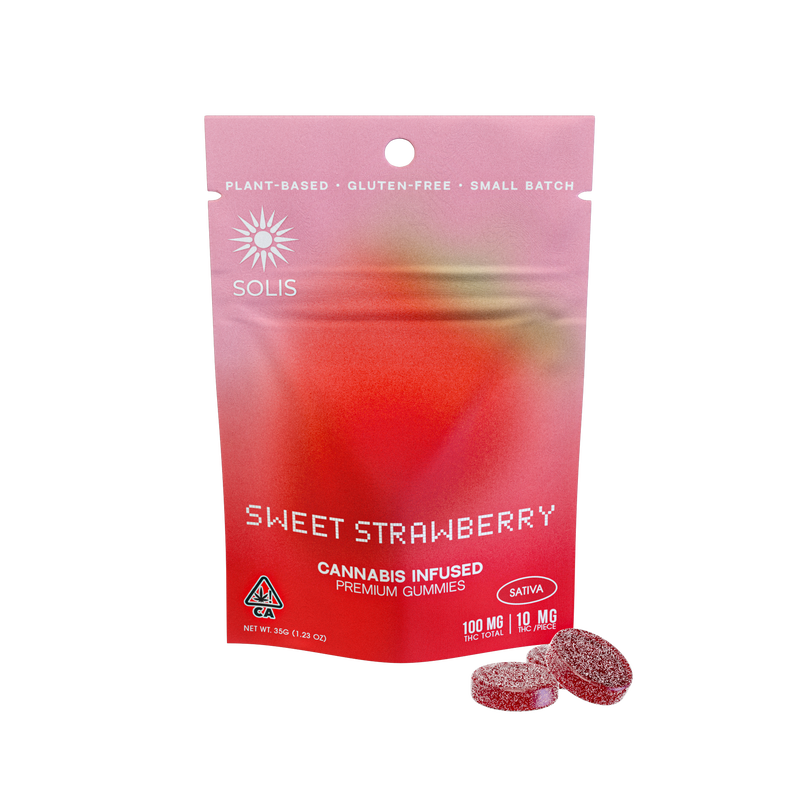 A photograph of Solis Gummies Sativa Sweet Strawberry 10pk