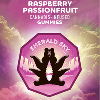 A photograph of Emerald Sky LR Gummies 10pk 100mg Indica Raspberry Passionfruit