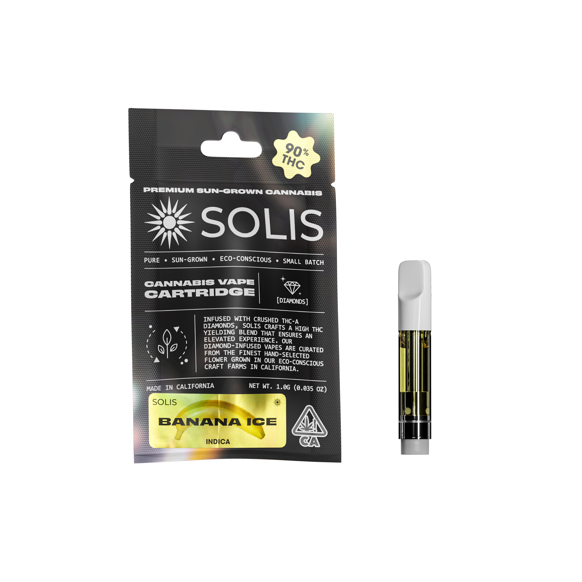 A photograph of Solis Diamond Enhanced Cartridge 1g Indica Banana Ice