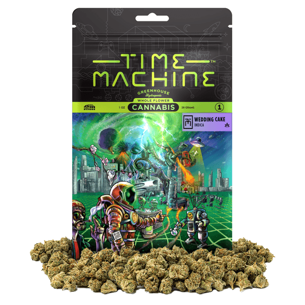 A photograph of Time Machine Flower 28g Indica Wedding Cake 4ct