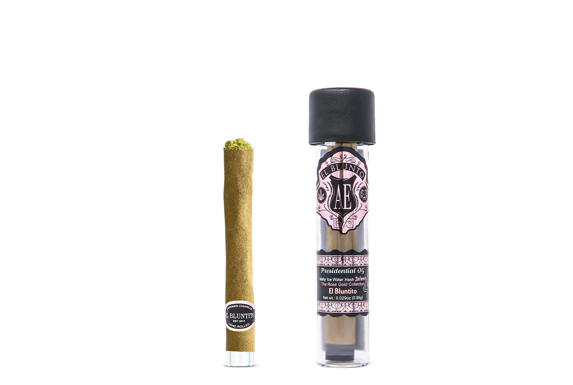 A photograph of AE ROSE GOLD El Bluntito Hash Infused Hybrid Presidential OG .85g