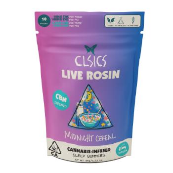 A photograph of CLSICS Live Rosin Gummies Indica CBN Midnight Cereal