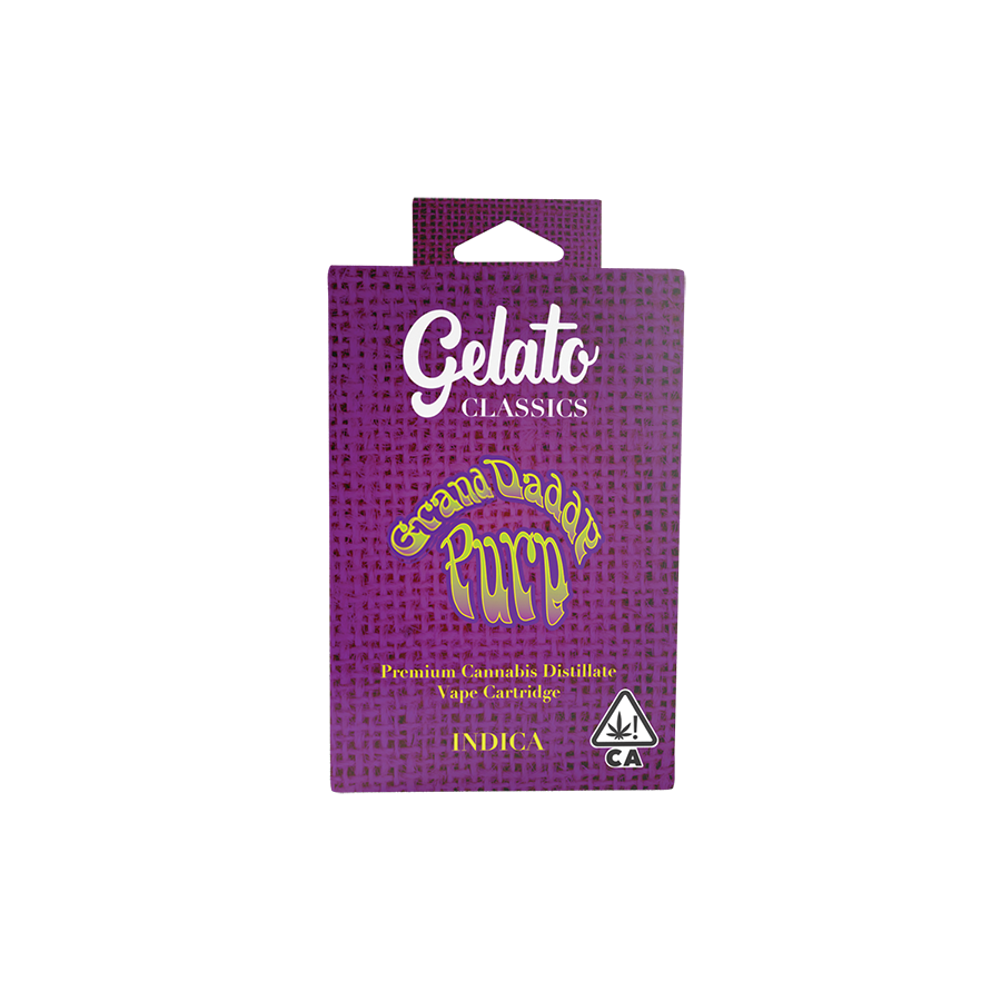 A photograph of Gelato Classics Cartridge 1g Indica Grand Daddy Purp