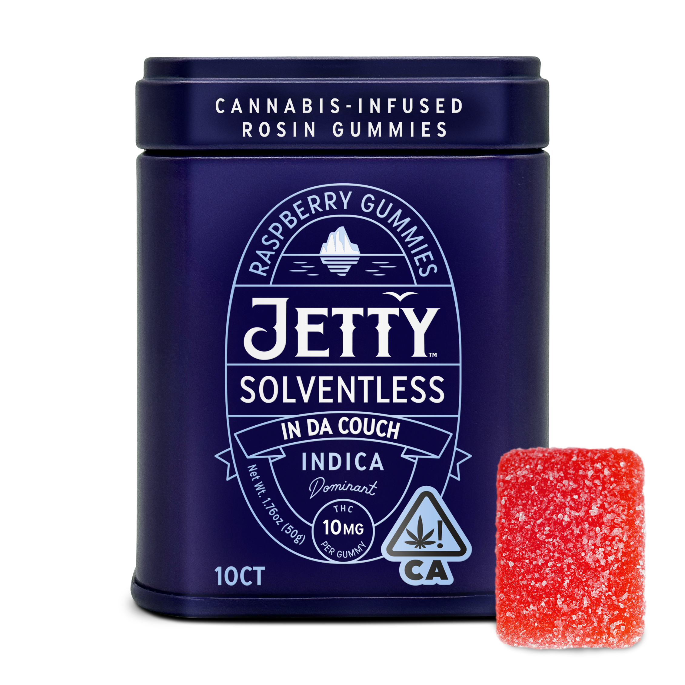 A photograph of Jetty Solventless Rosin Gummies 10ct Tin Raspberry In Da Couch