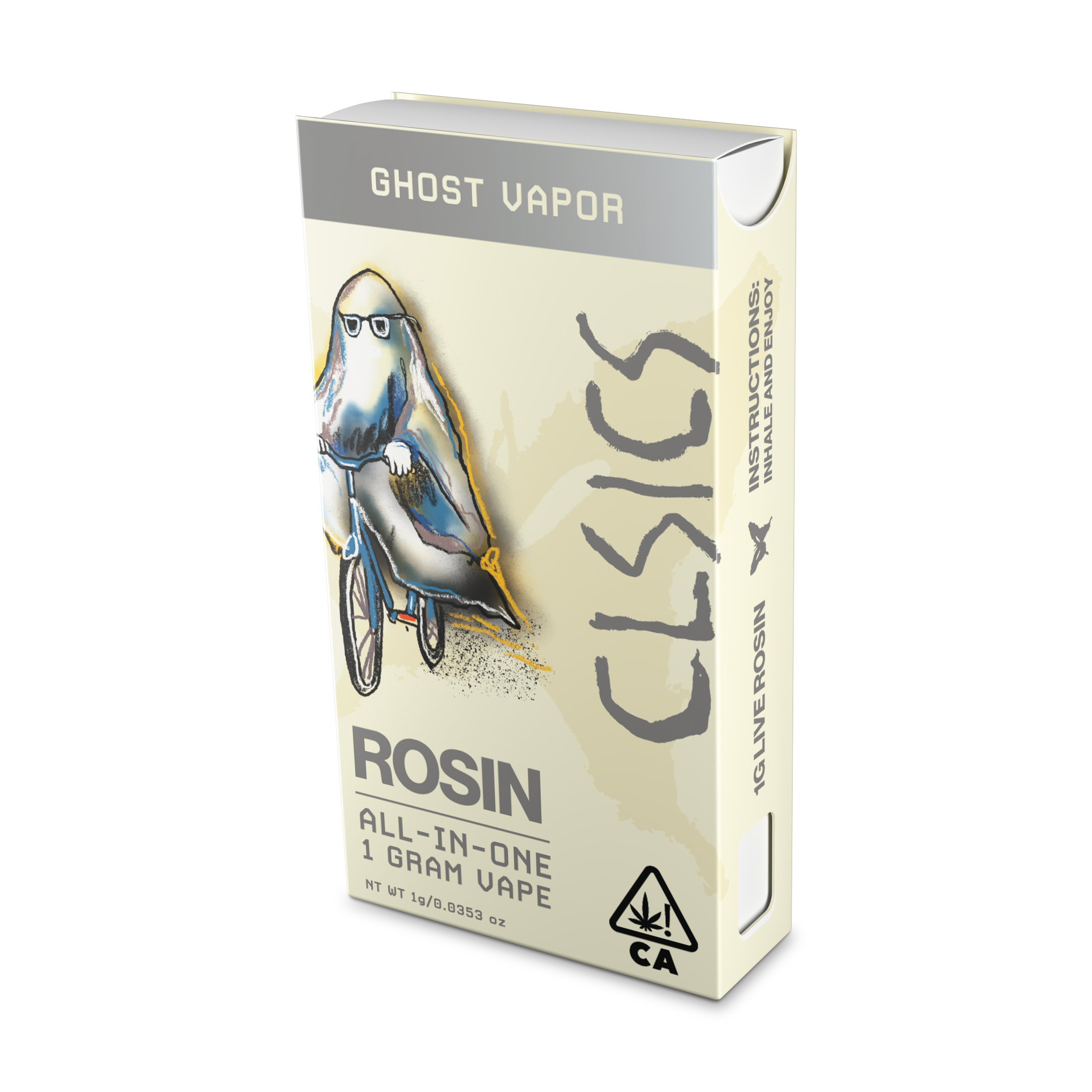 A photograph of CLSICS Live Rosin All-In-One Cartridge 1g Indica Ghost Vapor