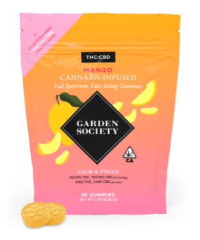 A photograph of Garden Society CBD Gummy Mango 1:1 THC/CBD 100mg 20pk